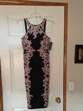 Xscape Black Midi Dress with Pink Lace Appliqué
